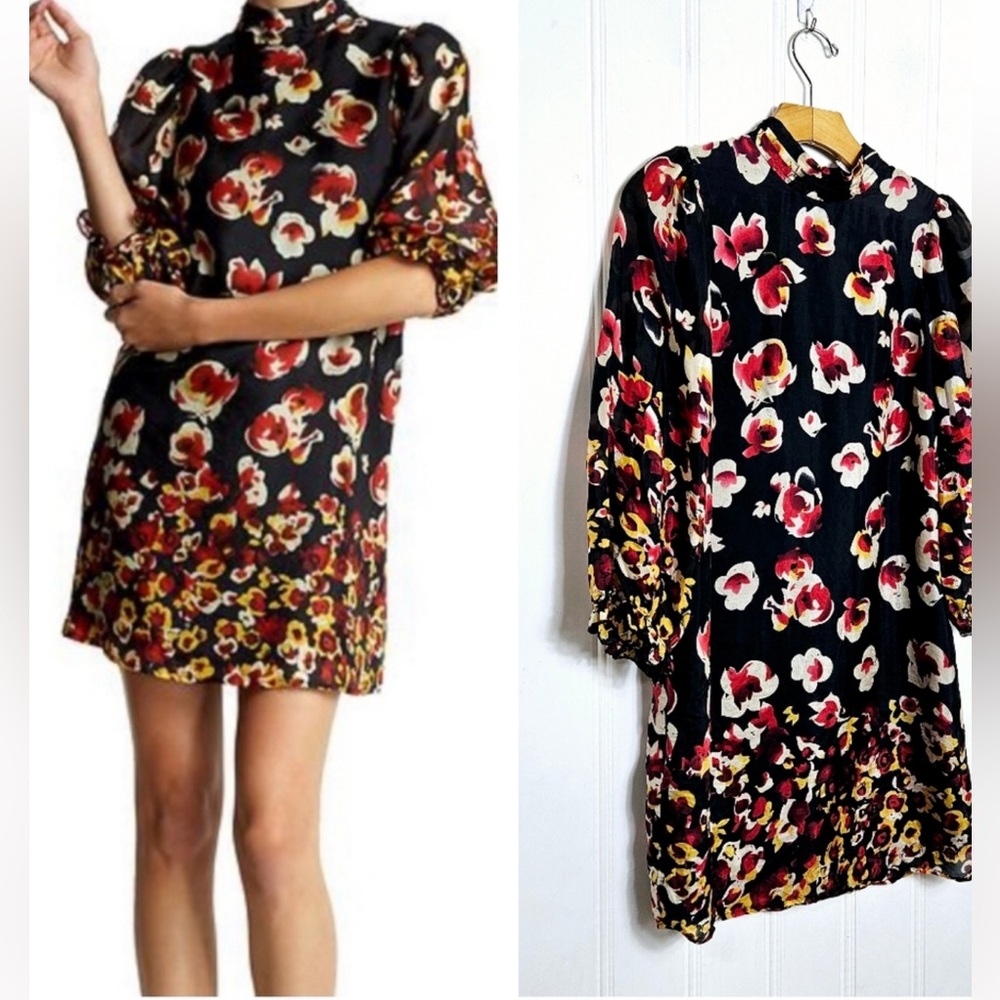 Aryn K Floral Black 100% Silk Mini Dress Size Large